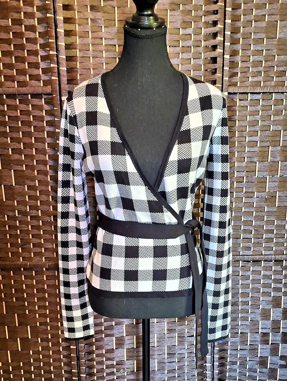 Diane von Furstenberg DVF Kyla Check Wrap Cardigan Sweater Top Black & White